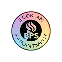 Book and appointment at the top and bottom arch of a rainbow circle and the black and white PPS torch logo in the center